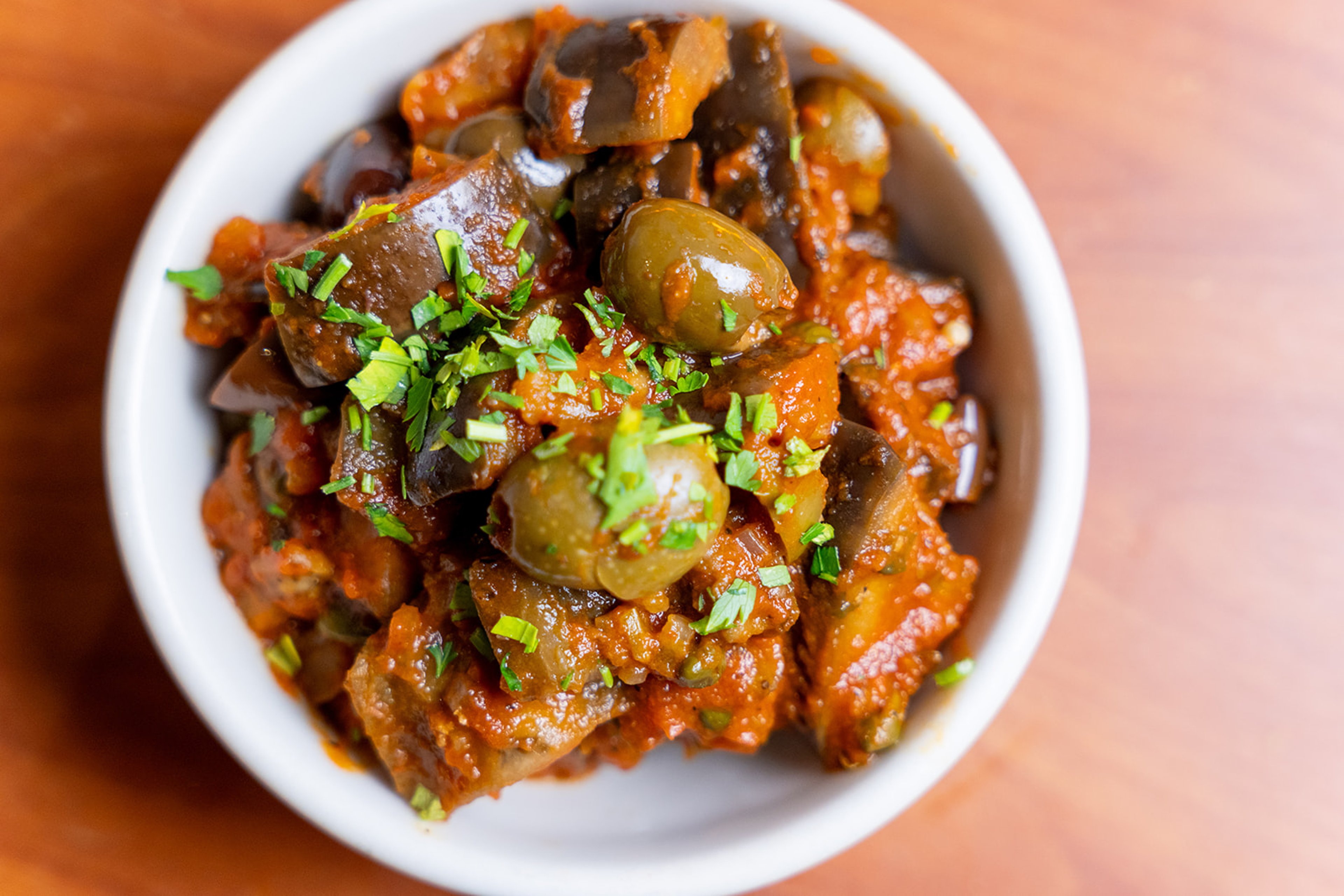 Eggplant Caponata with green olives and fresh herbs