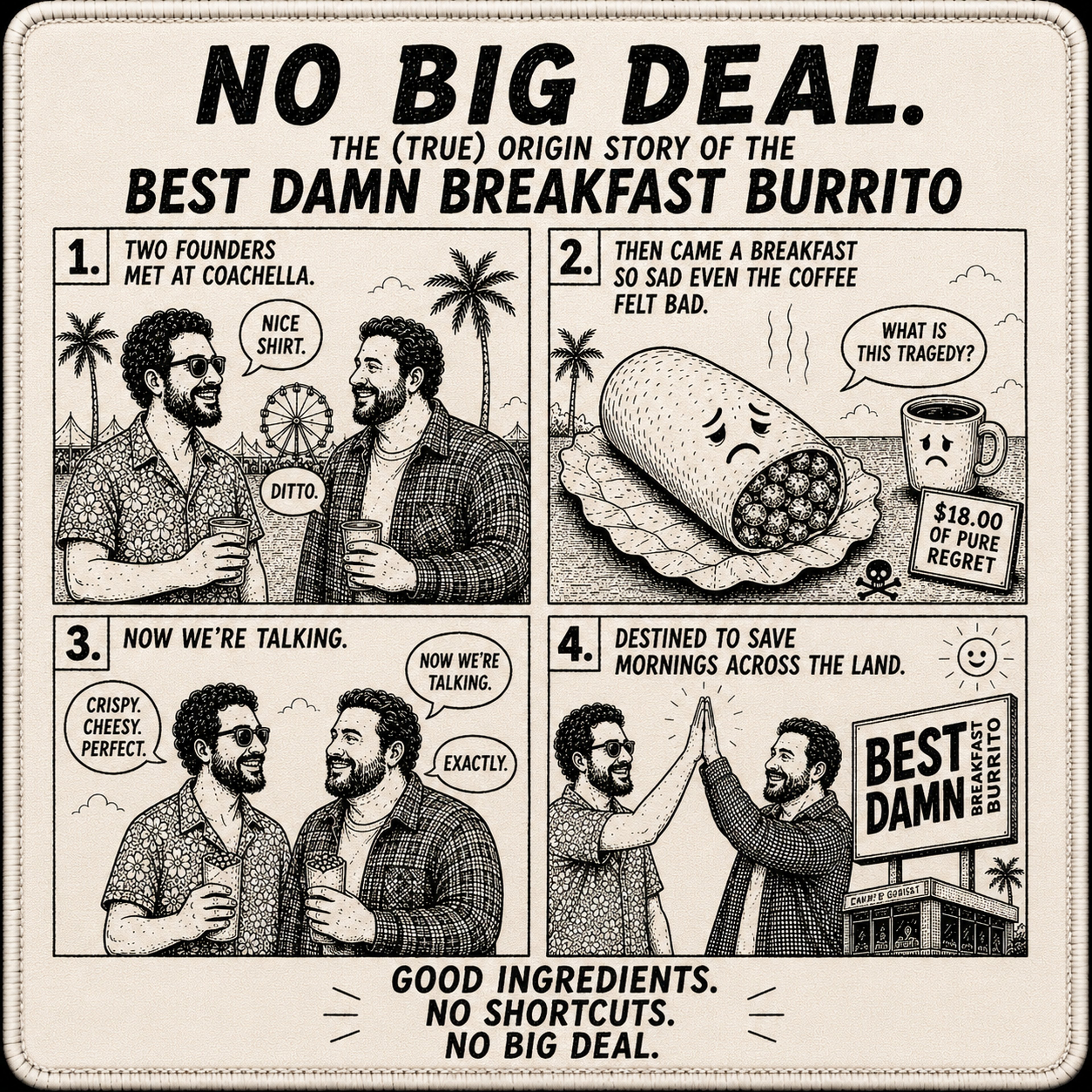No Big Deal — the true origin story of the Best Damn Breakfast Burrito, told as a four-panel comic