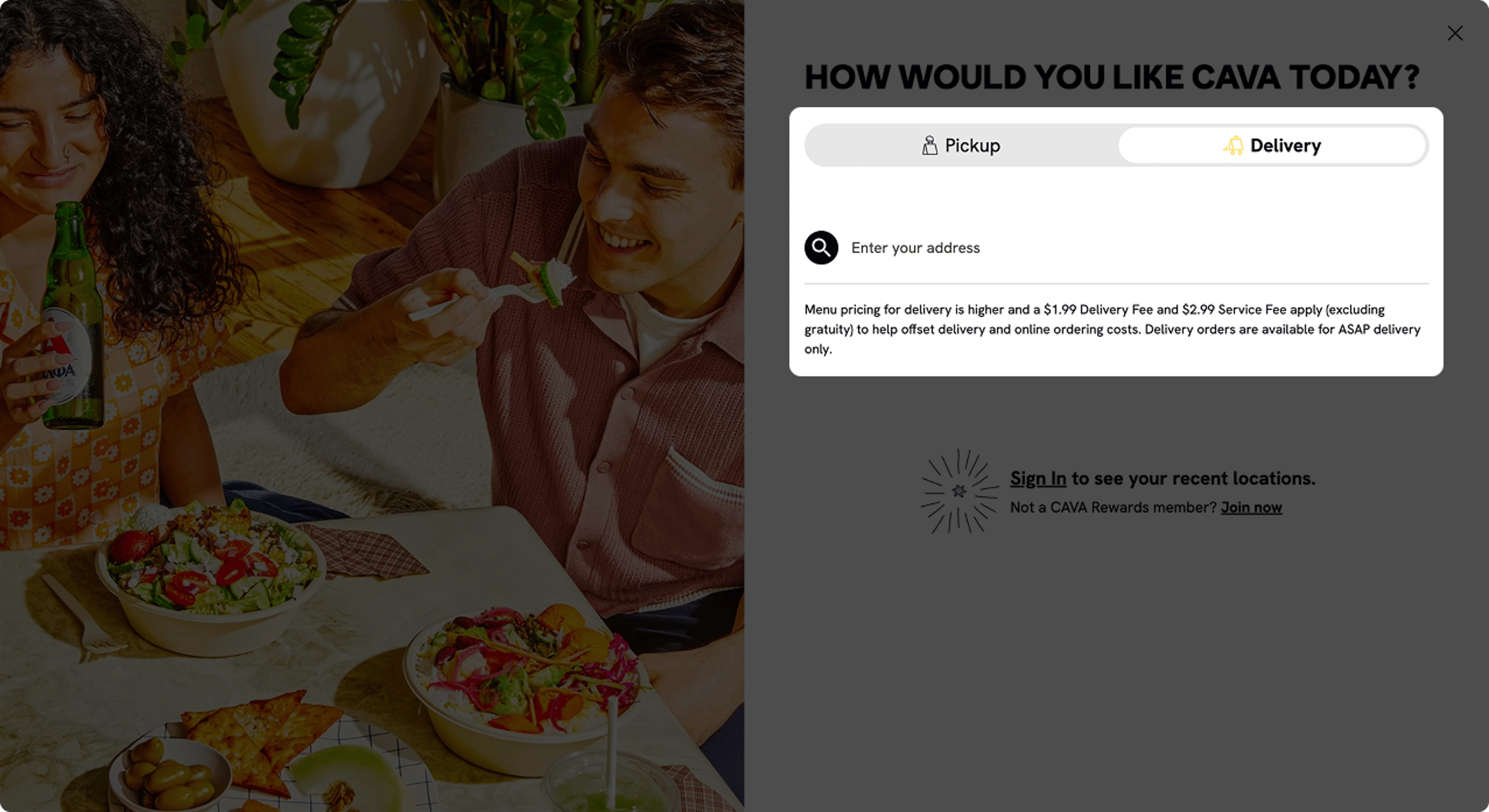 Cava’s delivery flow states that menu pricing for delivery is higher, with a $1.99 delivery fee and $2.99 service fee to offset delivery and online ordering costs.