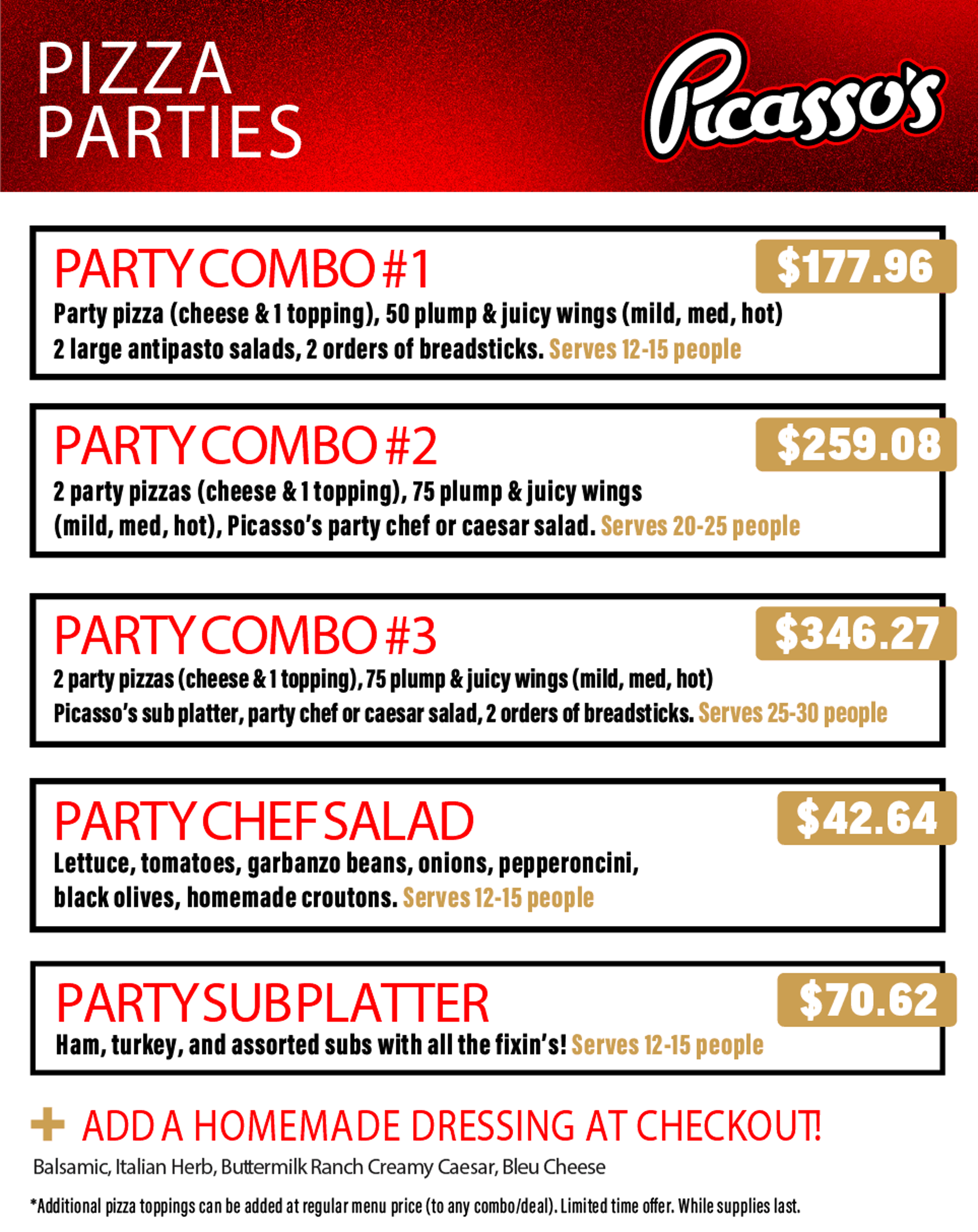 Picasso's Pizza Parties menu 2026