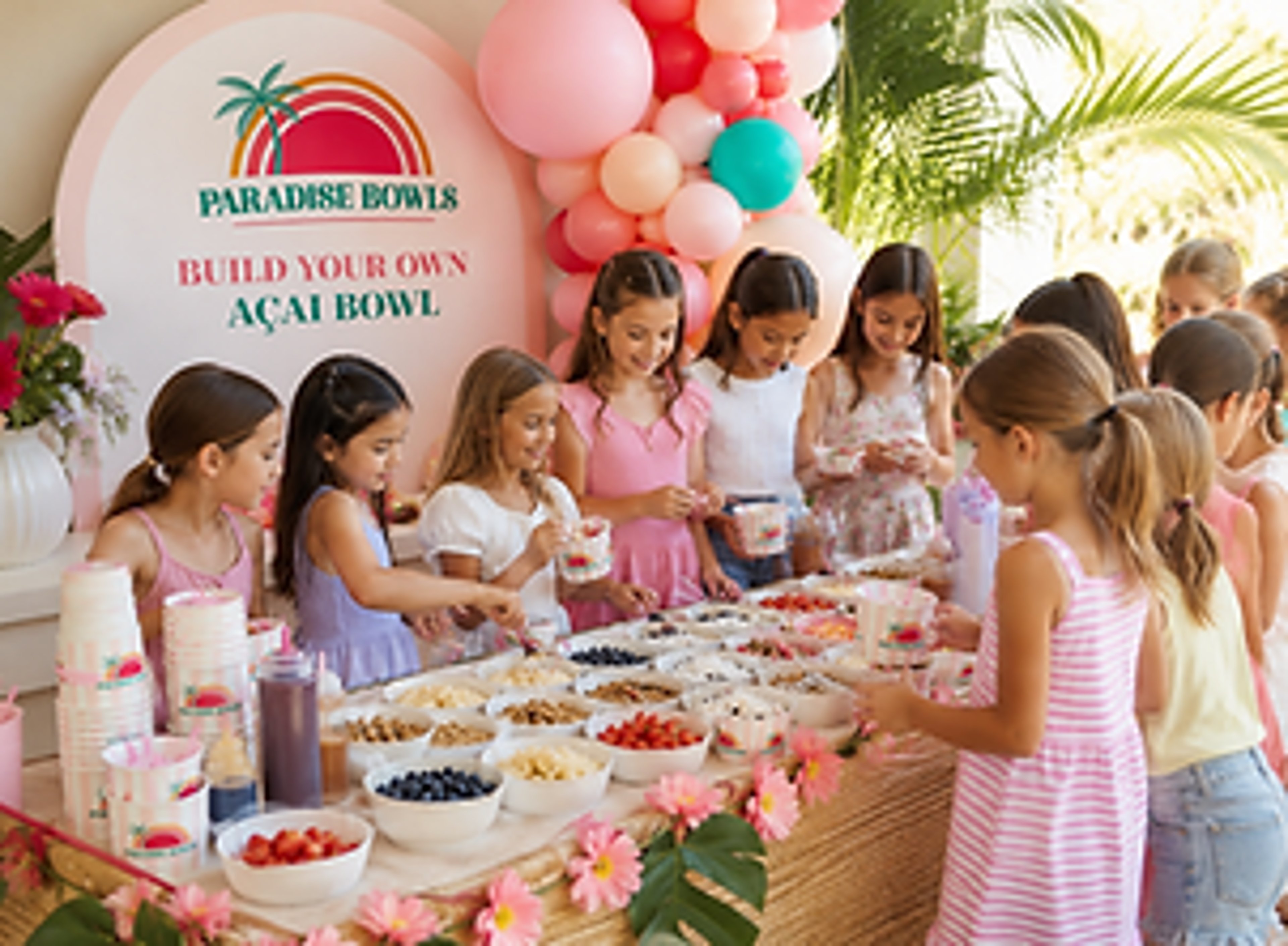 Birthday party guests choosing fruit and toppings at an açaí bowl bar