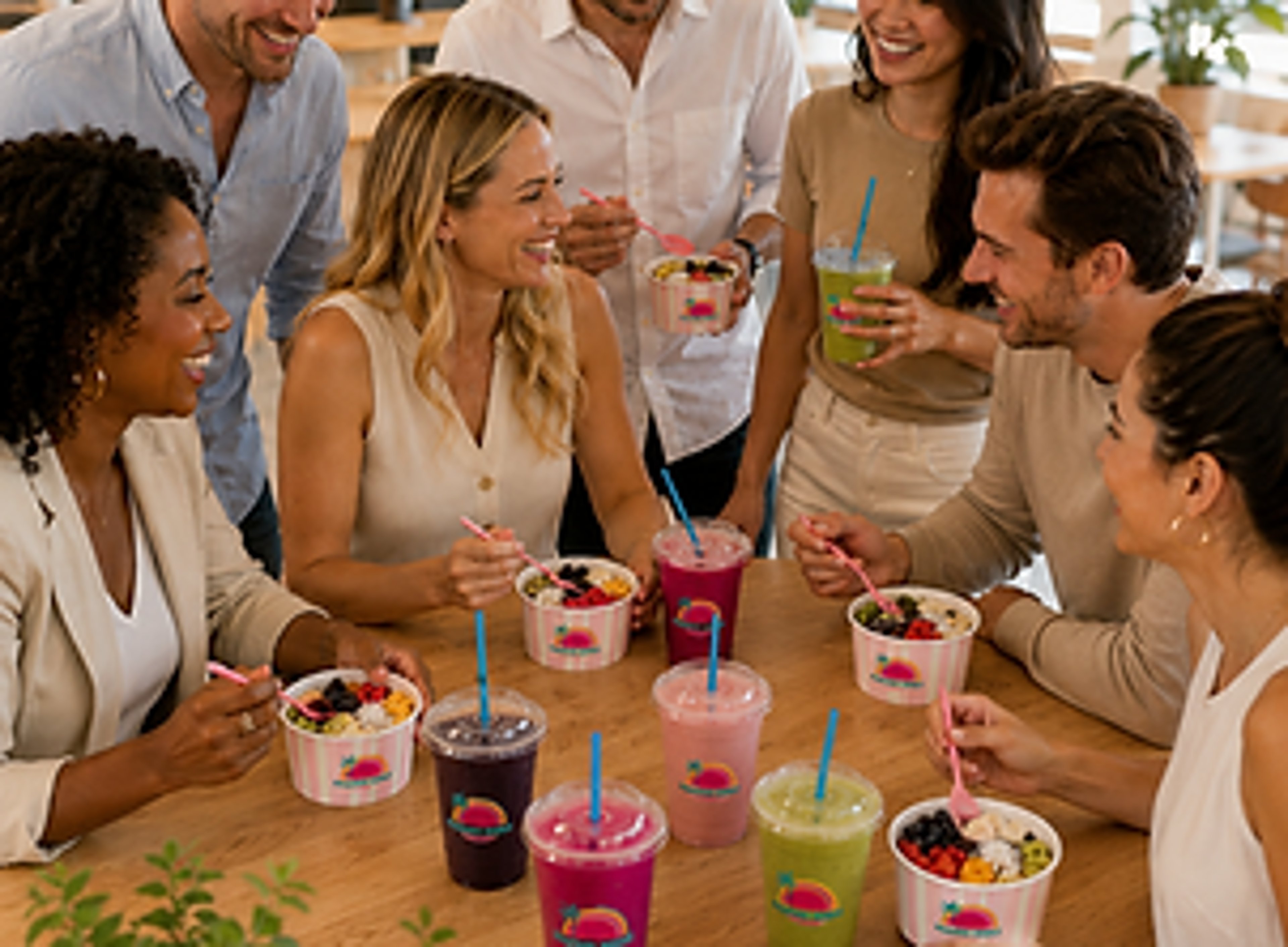 Coworkers enjoying açaí bowls and smoothies around an office table