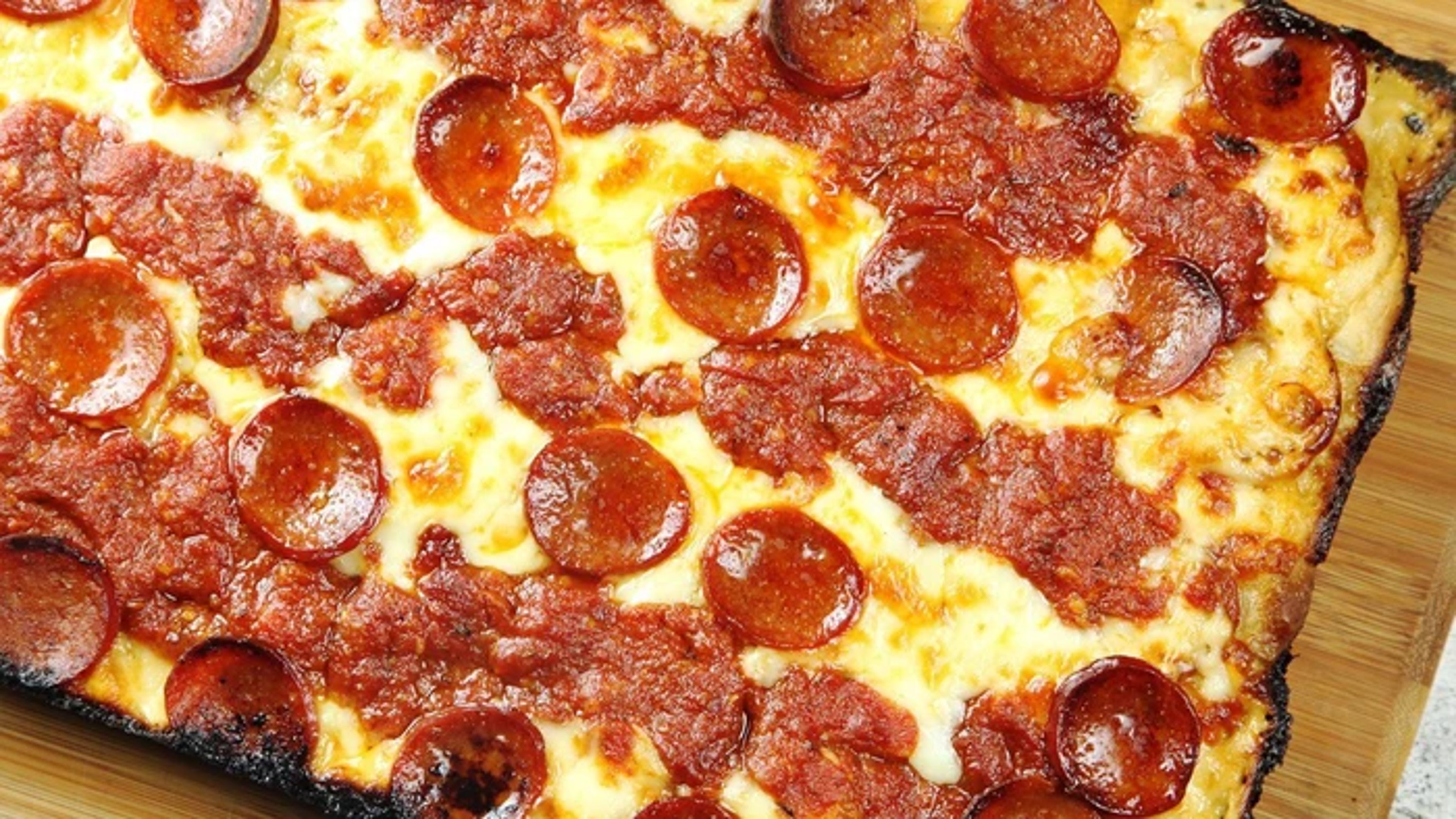 Detroit-style pizza close-up