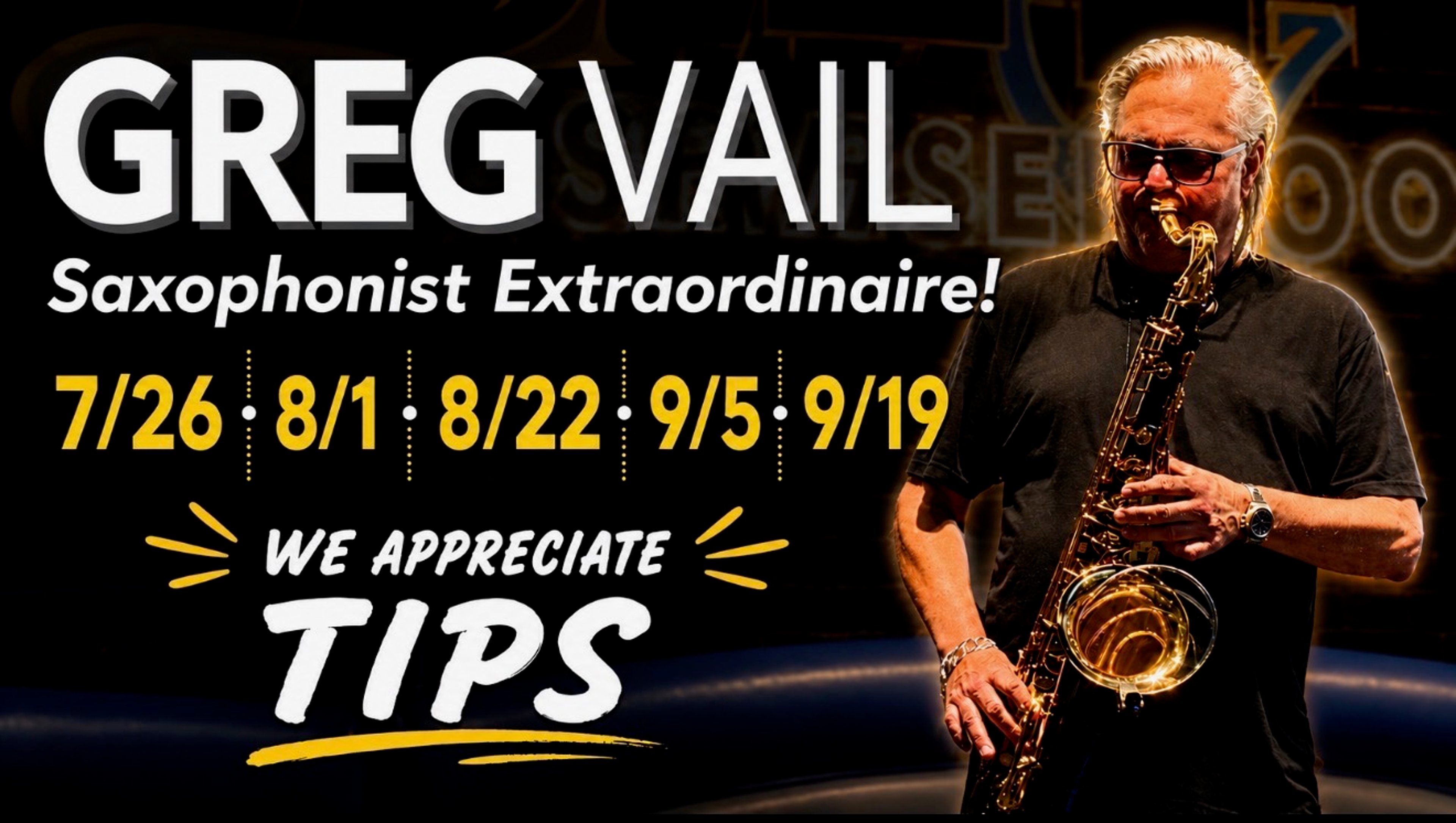 Greg Vail, saxophonist extraordinaire, performing live at Simply Fish Seafood