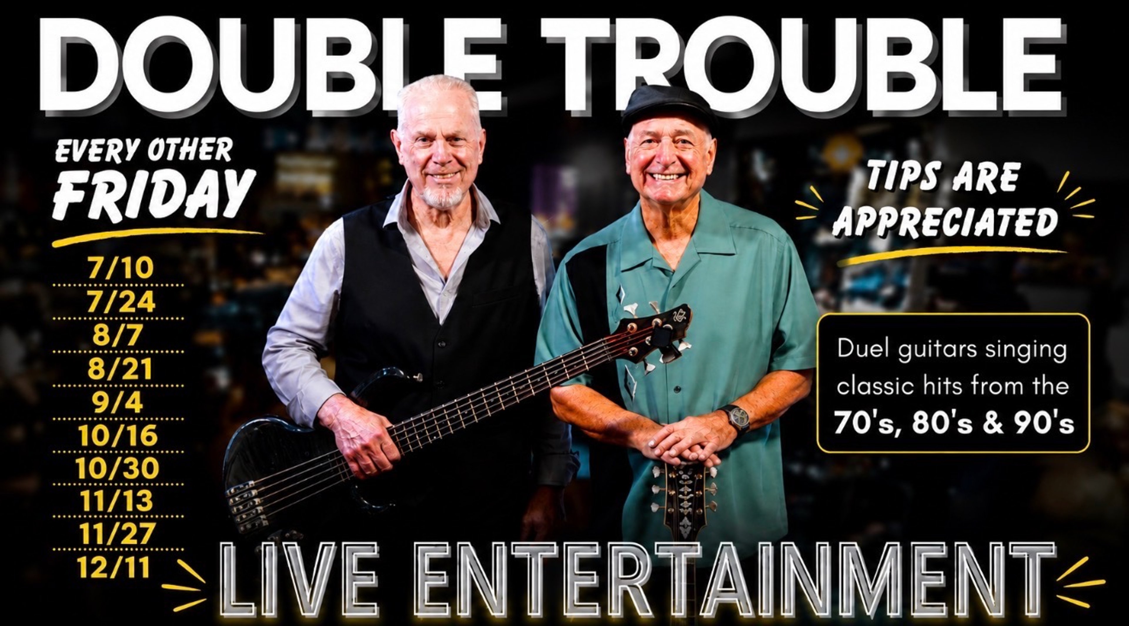 Double Trouble — dual guitars singing classic hits from the 70's, 80's and 90's every other Friday at Simply Fish Seafood