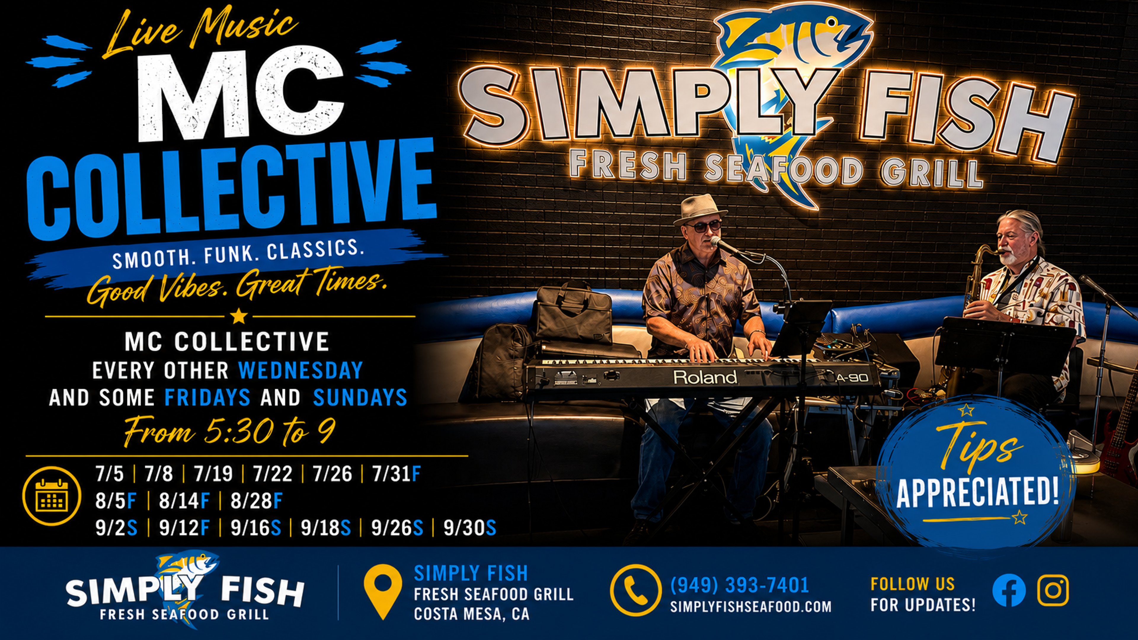 MC Collective performing live at Simply Fish Seafood — smooth, funk, and classics every other Wednesday and some Fridays and Sundays