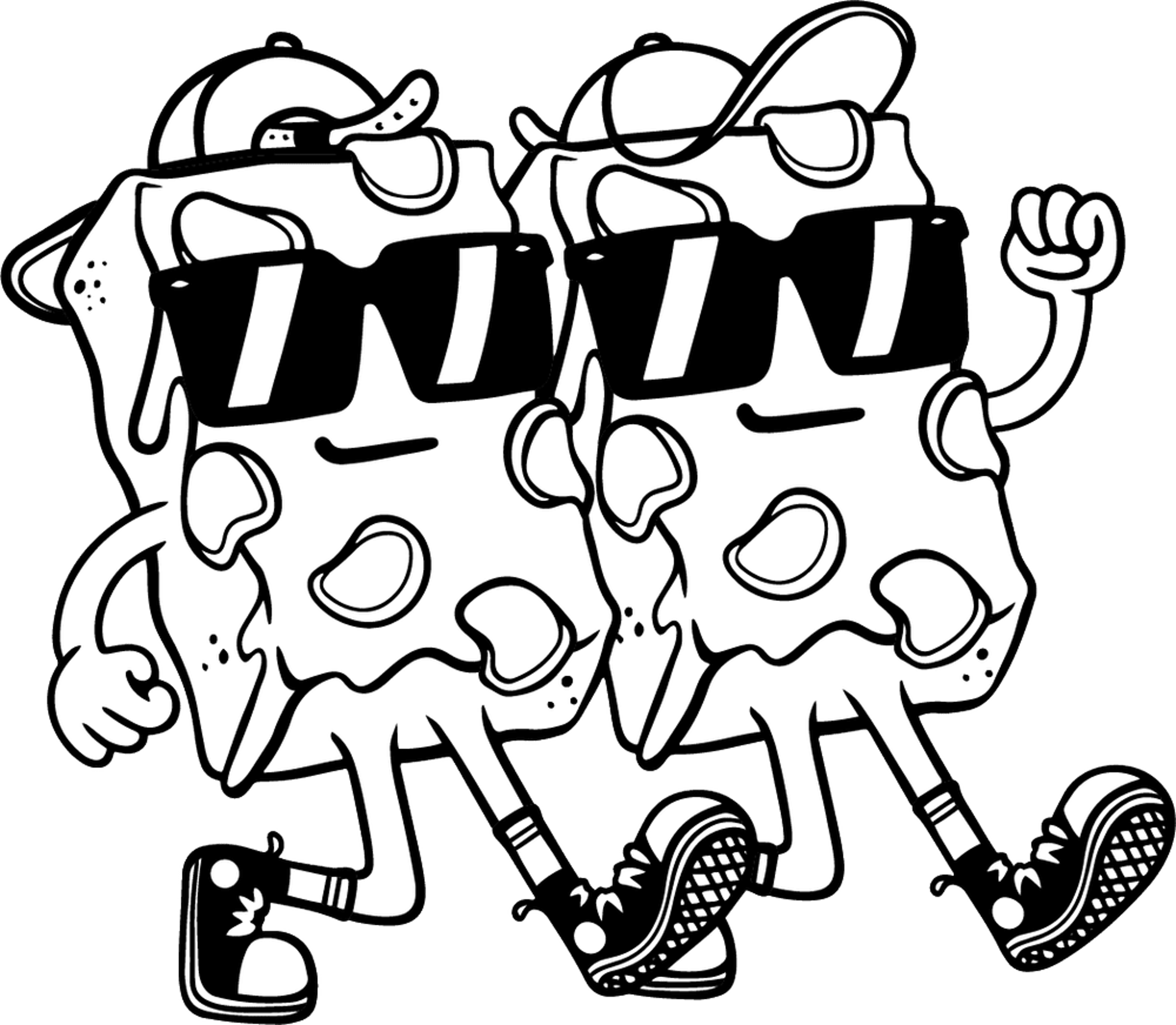 Black and white cartoon illustration of two anthropomorphic pizza slices wearing sunglasses, sneakers, and shorts, walking together with arms around each other.