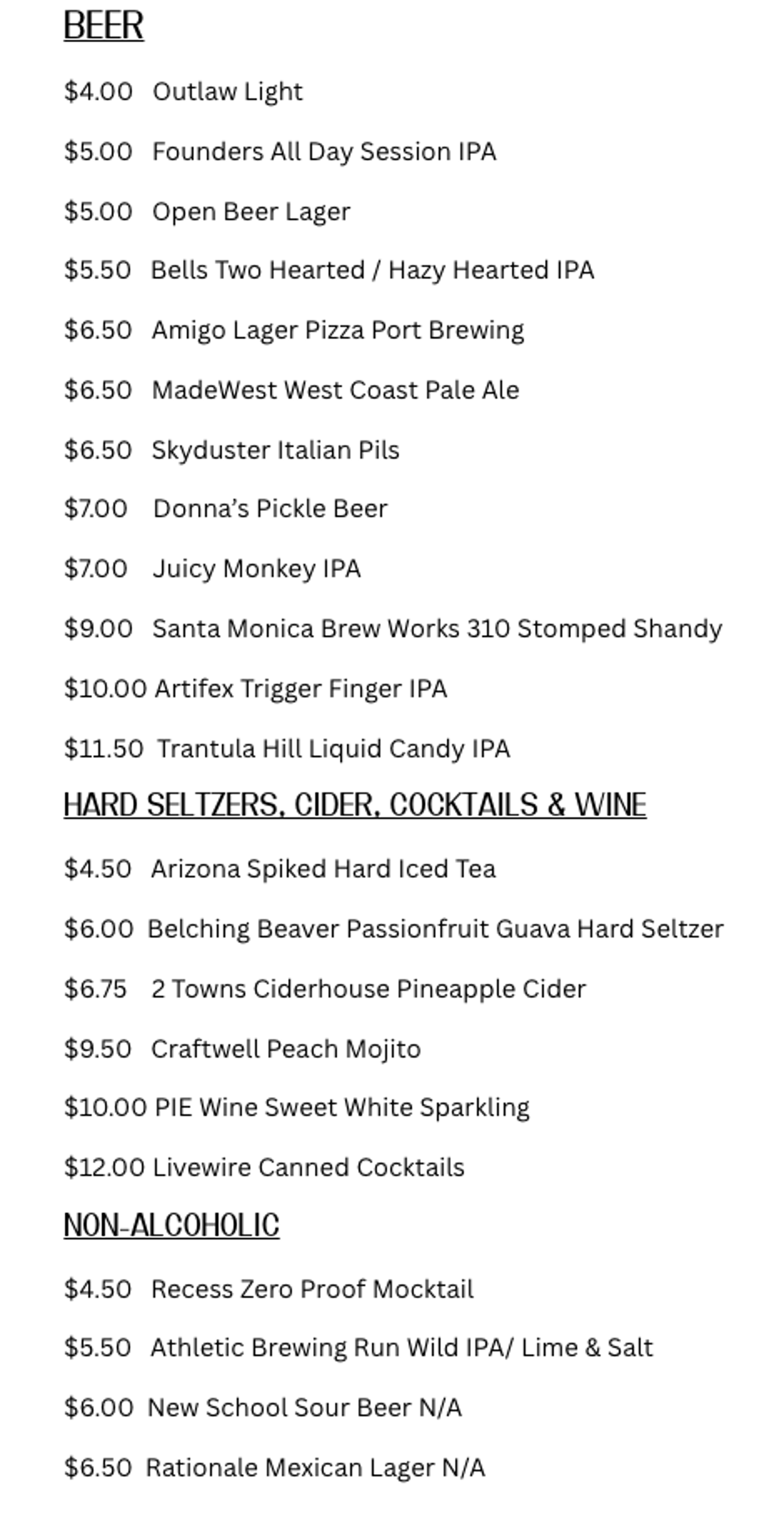 Dtown Pizzeria beer, hard seltzers, cocktails, wine, and non-alcoholic drink menu