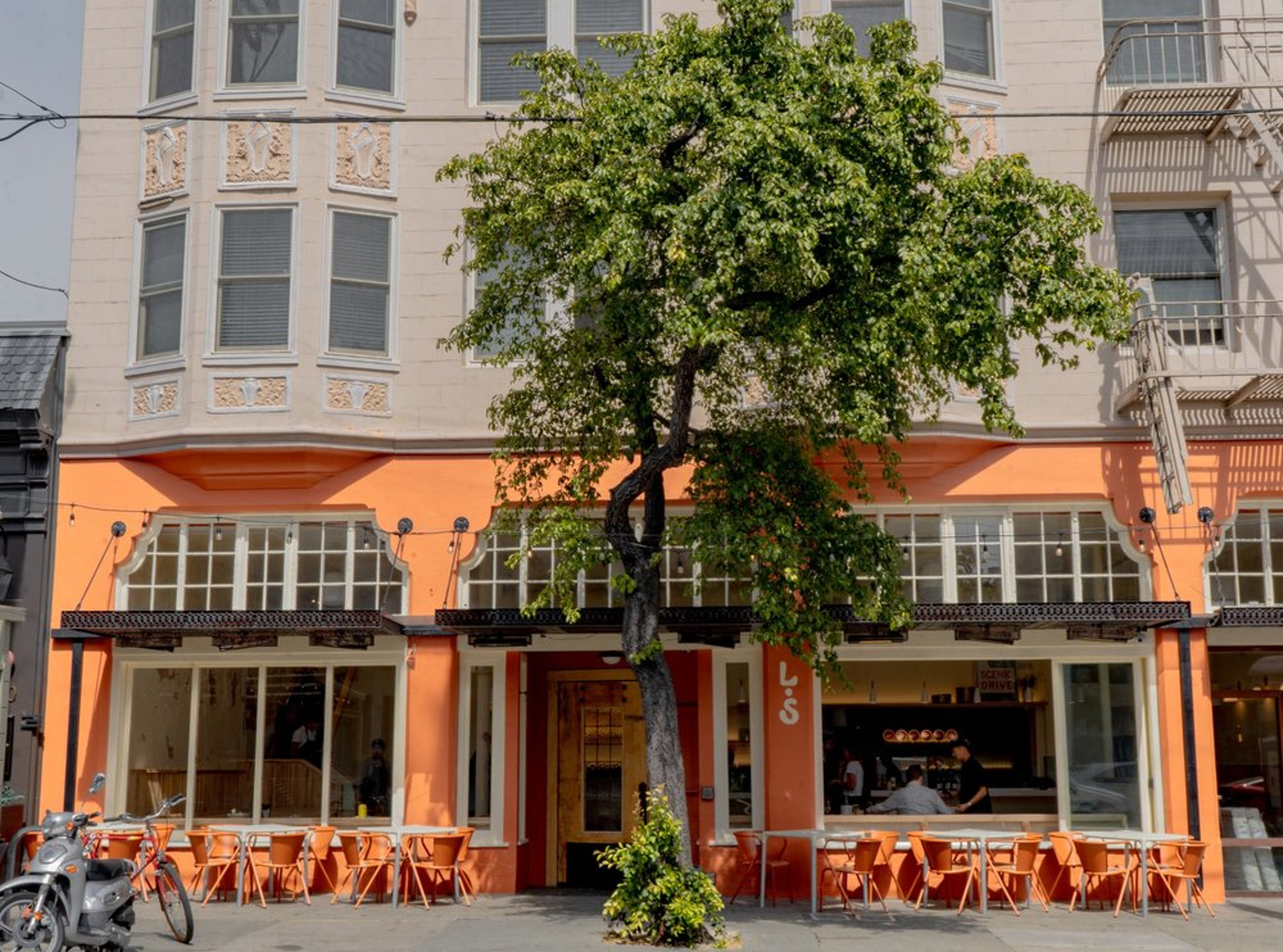 Front view of a peach-colored restaurant with outdoor seating and a large leafy tree in the center, with a building in the background.