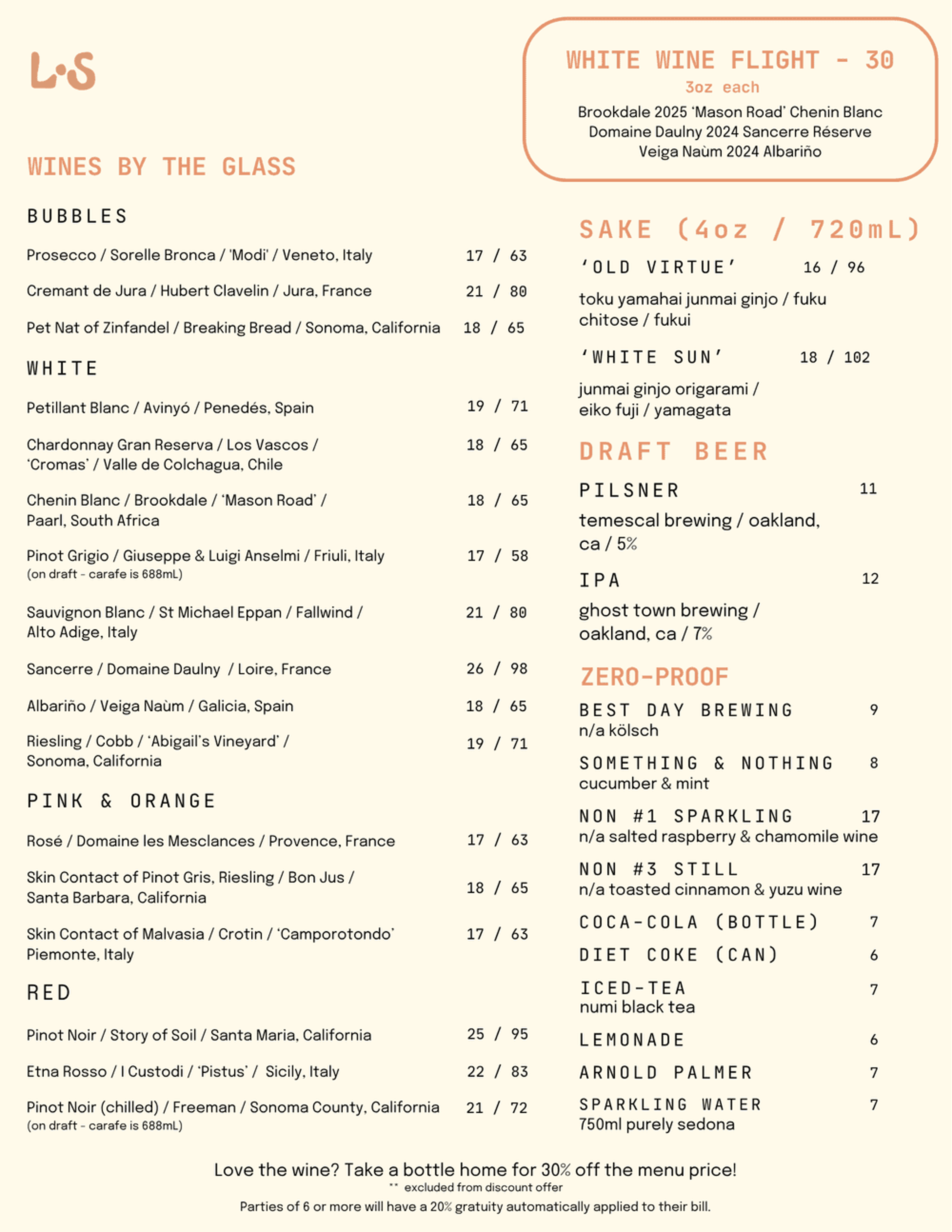 Little Shucker beverage menu: wines by the glass including bubbles, white, pink and orange, and red selections, white wine flight, sake, draft beer, and zero-proof drinks.