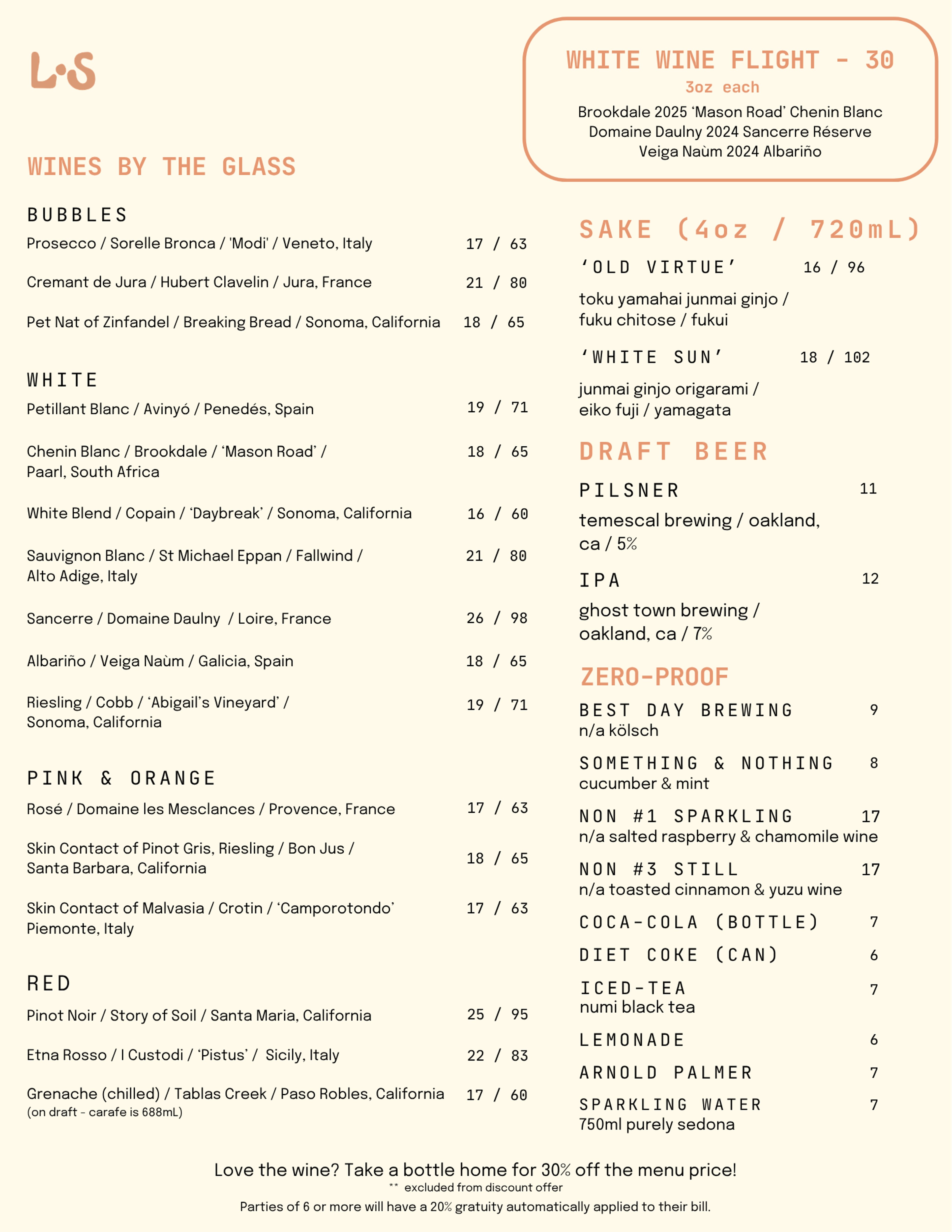 Little Shucker beverage menu: wines by the glass including bubbles, white, pink and orange, and red selections, white wine flight, sake, draft beer, and zero-proof drinks.