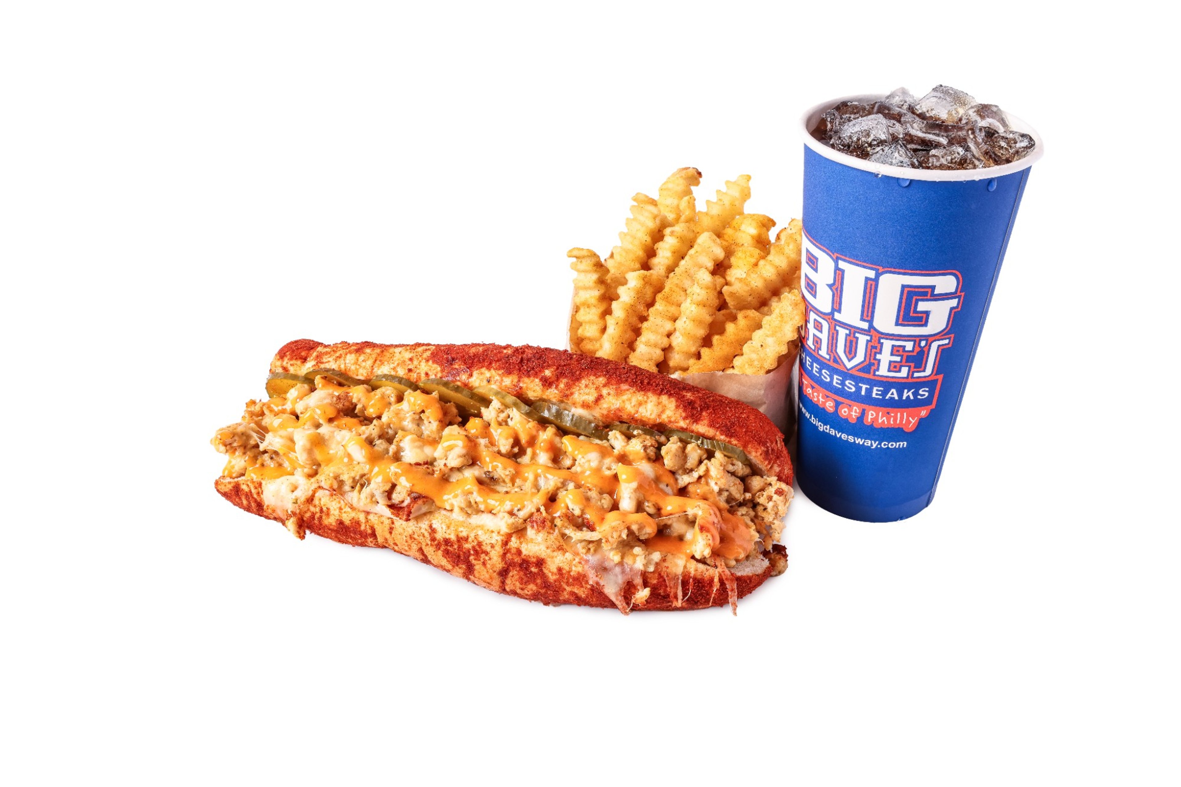 The Hot Bird Cheesesteak combo with crinkle fries and a Big Dave's drink