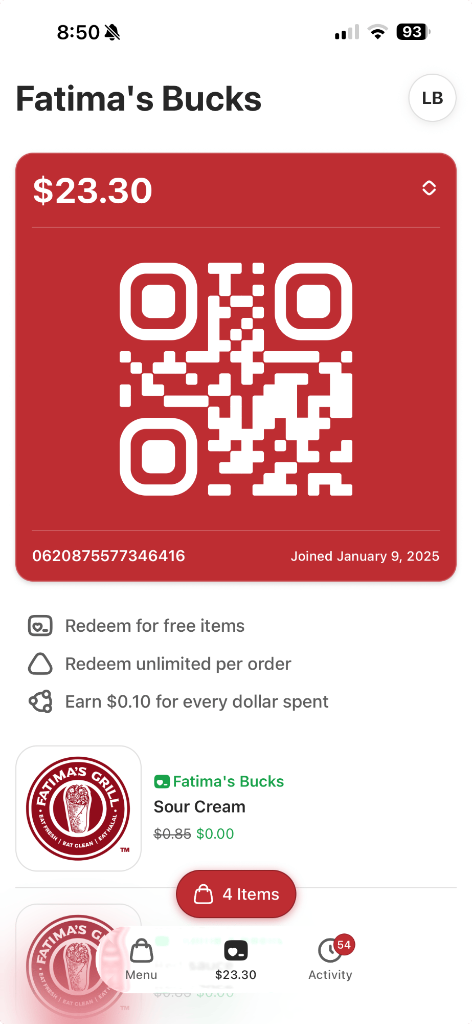 Fatima's Bucks rewards screen showing $23.30 balance and QR code