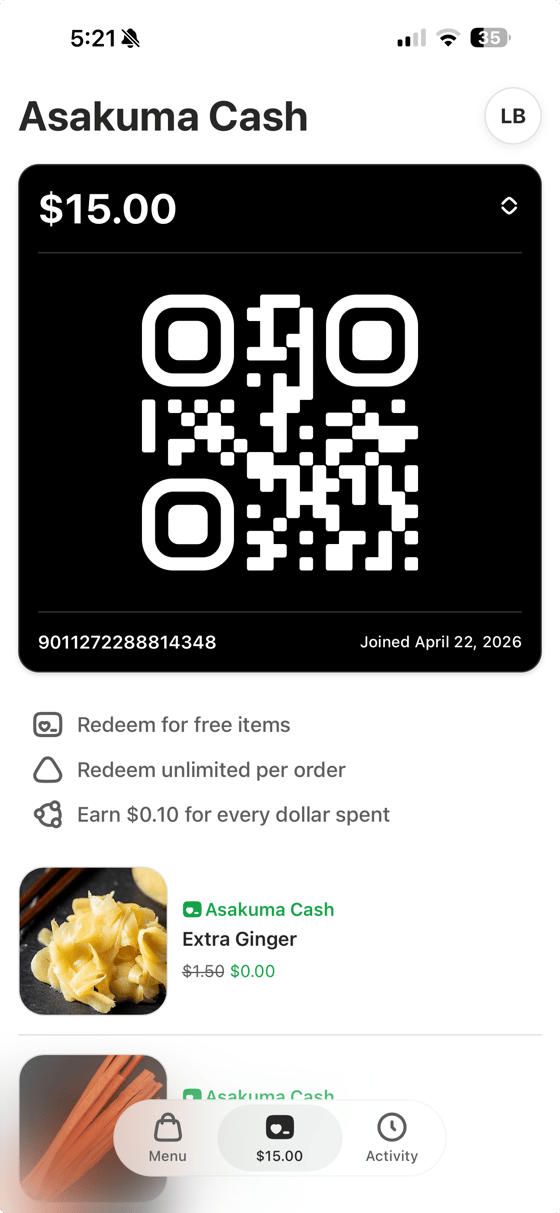 Asakuma Cash loyalty card in the mobile app