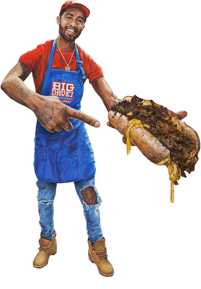 Cartoon of Derrick Hayes, representing Big Dave's Cheesesteaks with style and authenticity.