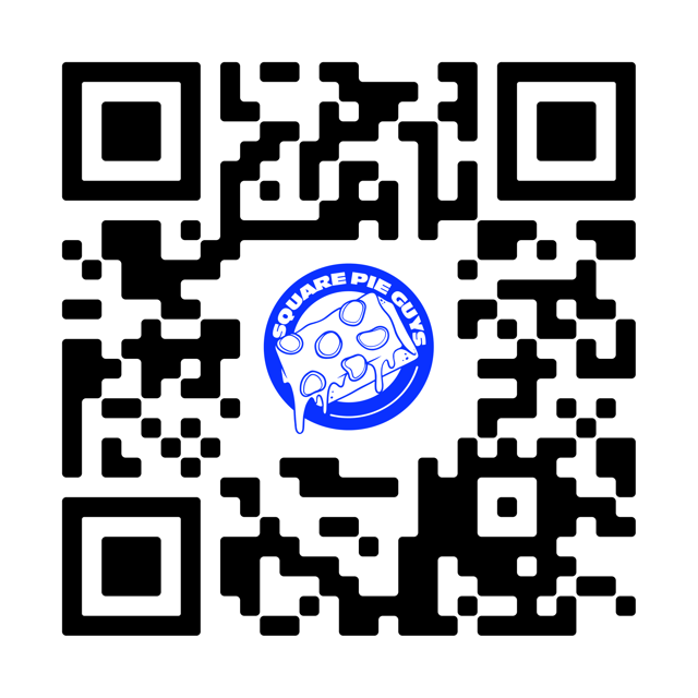 QR code with a logo of a cheese slice and the text 'Square Pie Guys' in blue and white.