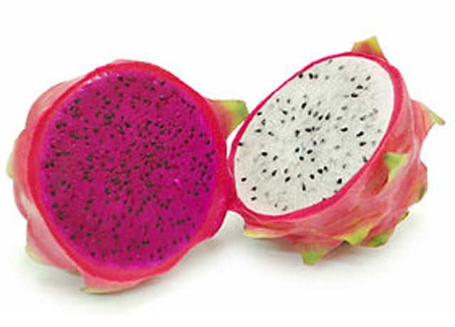 Red and white dragon fruit halves