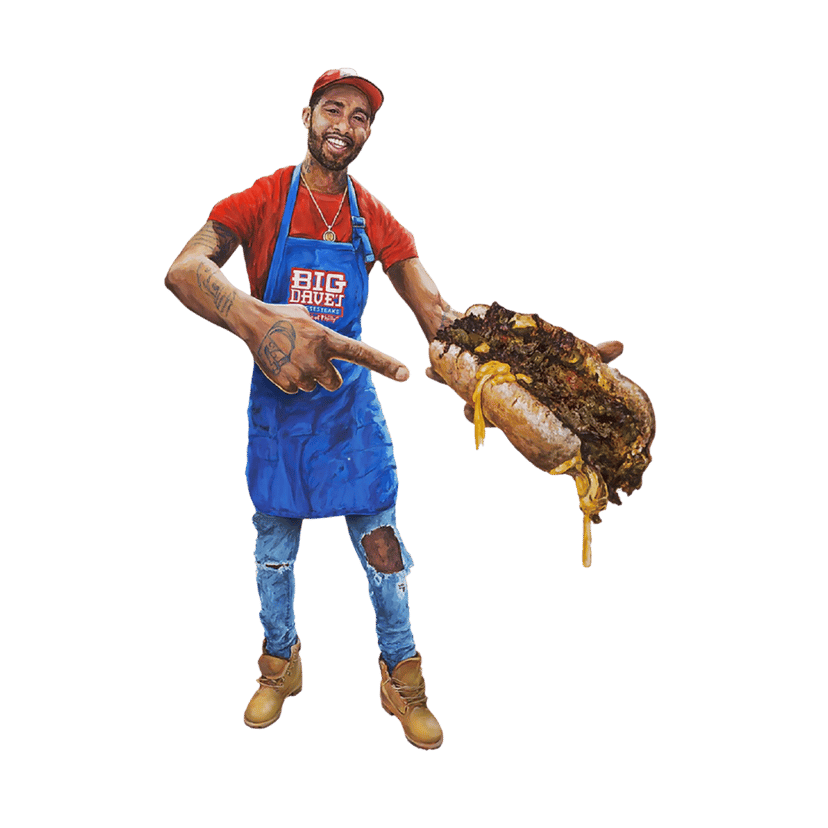 Cartoon of Derrick Hayes, representing Big Dave's Cheesesteaks with style and authenticity.